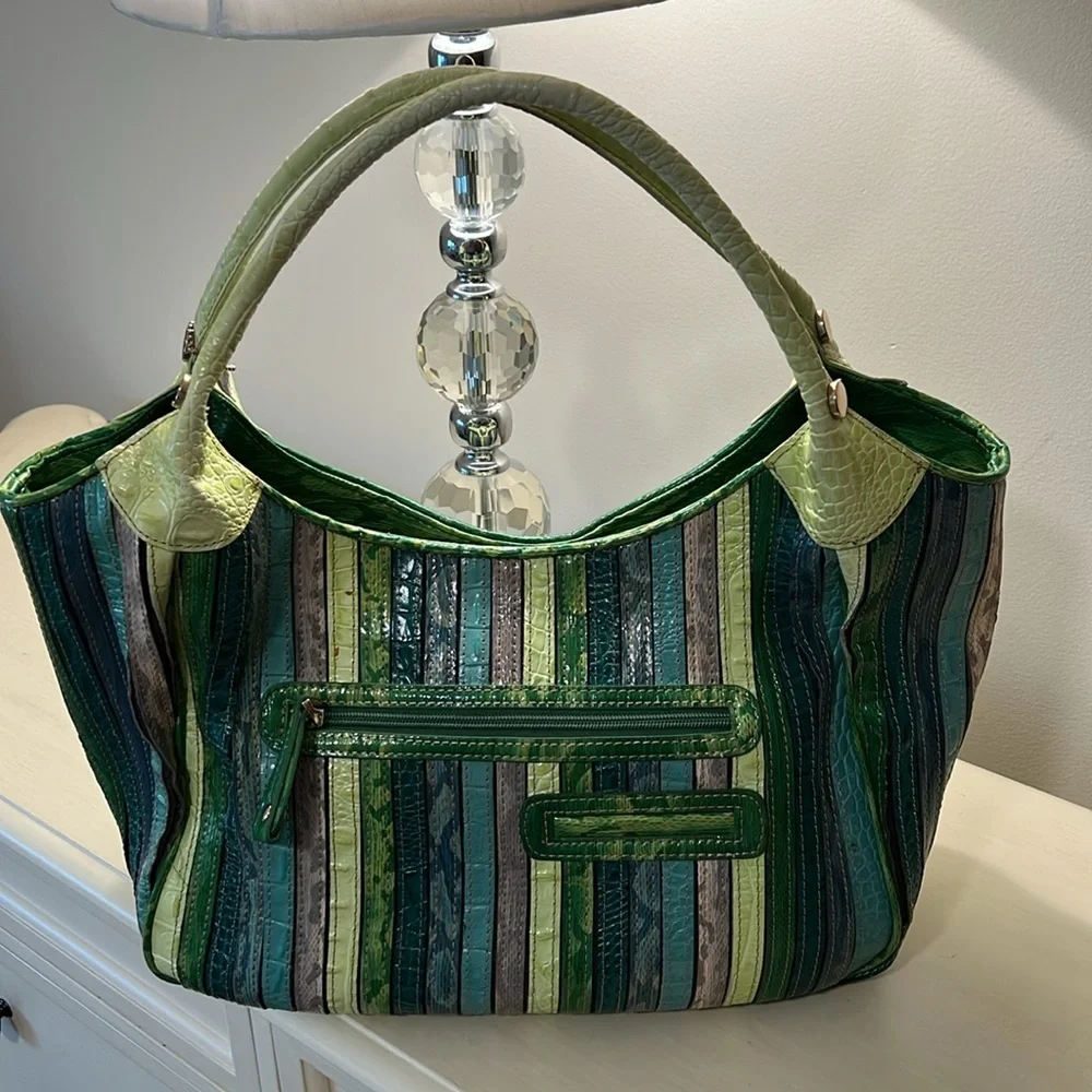 M.C. Marc Chantal Striped Green and Blue Shoulder Bag - Picture 2 of 8